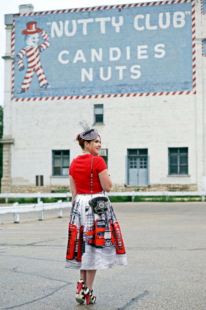 Winnipeg Style Fashion Consultant, Chicwish Oh London red printed telephone booth double decker bus pleated midi skirt, Mary Frances Call Me handmade beaded telephone bag purse clutch, Lola Ramona Angie striped vintage retro heels, Chapels Hats Jeanne Simmons striped black white fascinator hat